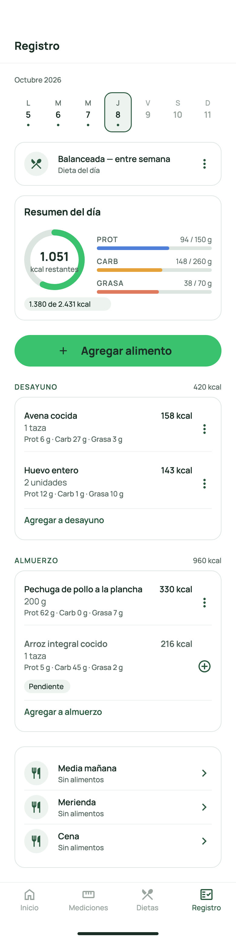 Food log screen