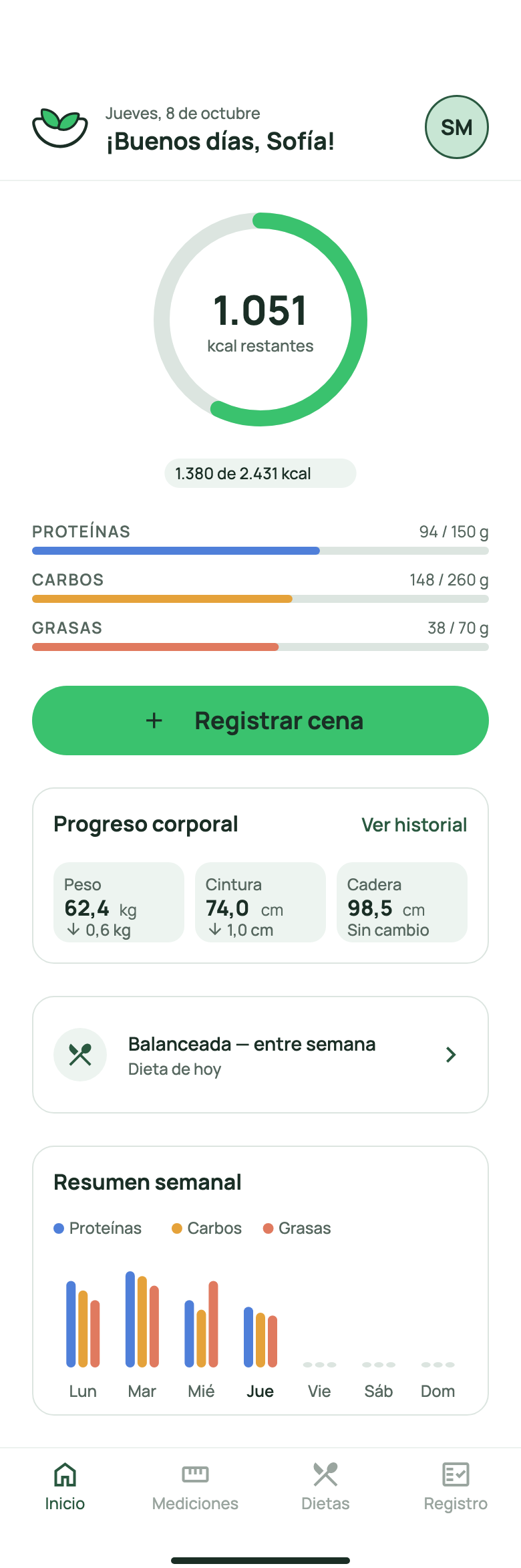 Savela home screen showing the day’s calories and macros